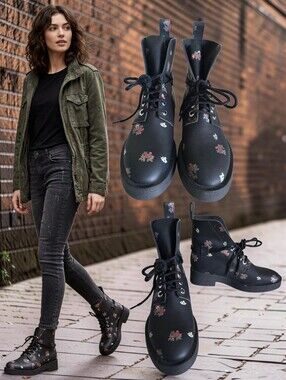 NEW 🖤🩷 ZARA TRF Women's Black Floral Multi Print Leather Combat Boots